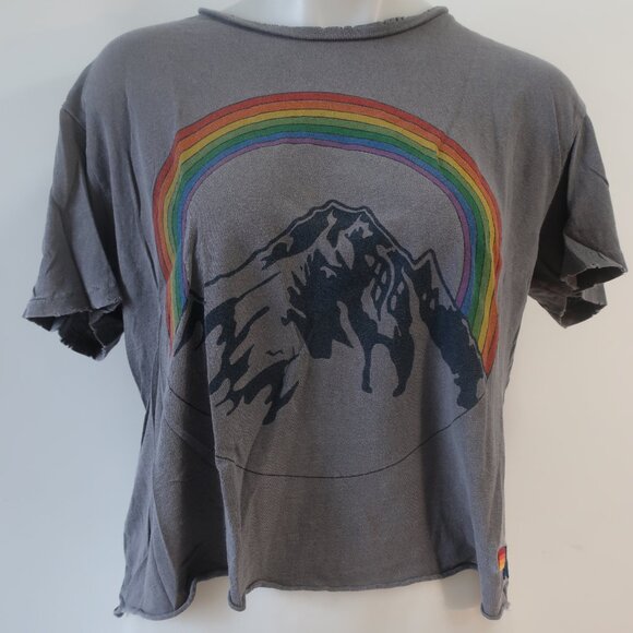 Womens Aviator Nation Gray Chasing Rainbow Graphic Cropped T-Shirt Top M - Picture 5 of 7